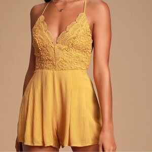 Lulus Size L Star Spangled Mustard Yellow Backless Lace Romper
